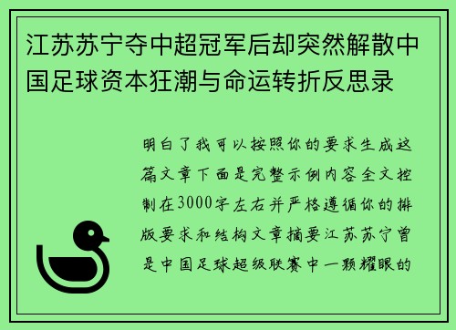 江苏苏宁夺中超冠军后却突然解散中国足球资本狂潮与命运转折反思录