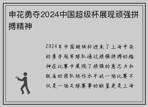申花勇夺2024中国超级杯展现顽强拼搏精神 申花勇夺2024中国超级杯展现顽强拼搏精神